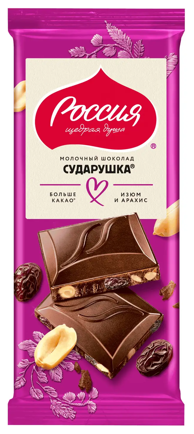 Шоколад "Сударушка" С арахисом и изюмом мол. 75г